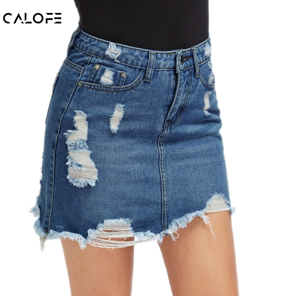 CALOFE Women Blue Ripped Casual Mini Denim Skirt 2019 Summer New Bodycon Women Skirt Basic Pocket Jeans Skirt Mid Waist Skirt