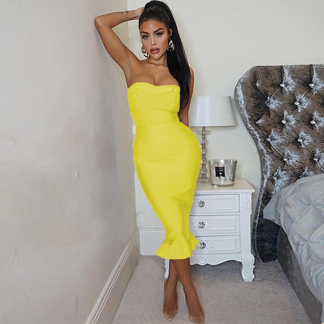 2019 latest women's fashion sexy club party  bandage sleeveless dress strapless purple brown summer  fishtail dress bodycon