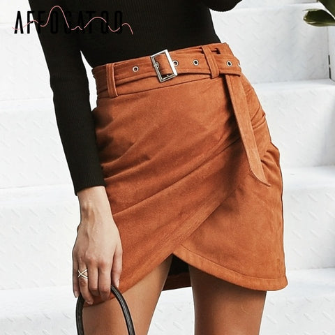 Affogatoo High waist suede leather skirts 2018 Autumn winter belt ruched bodycon skirt Women asymmetric short skirts female