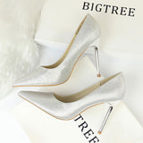 Metal Heel Shoes Women Silk Thin High Pumps Satin Heeled Sexy Elegant High Heels Yellow 34 42 43 Pointed Fashion Ladies Shoes
