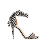 LALA IKAI Scottish Plaid High Sandals Women Cross-Tied Heels Ladies Ankle Strap Lace Up Party Bow High Shoes 014C1880-3