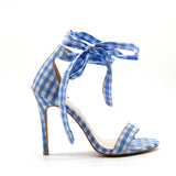 LALA IKAI Scottish Plaid High Sandals Women Cross-Tied Heels Ladies Ankle Strap Lace Up Party Bow High Shoes 014C1880-3