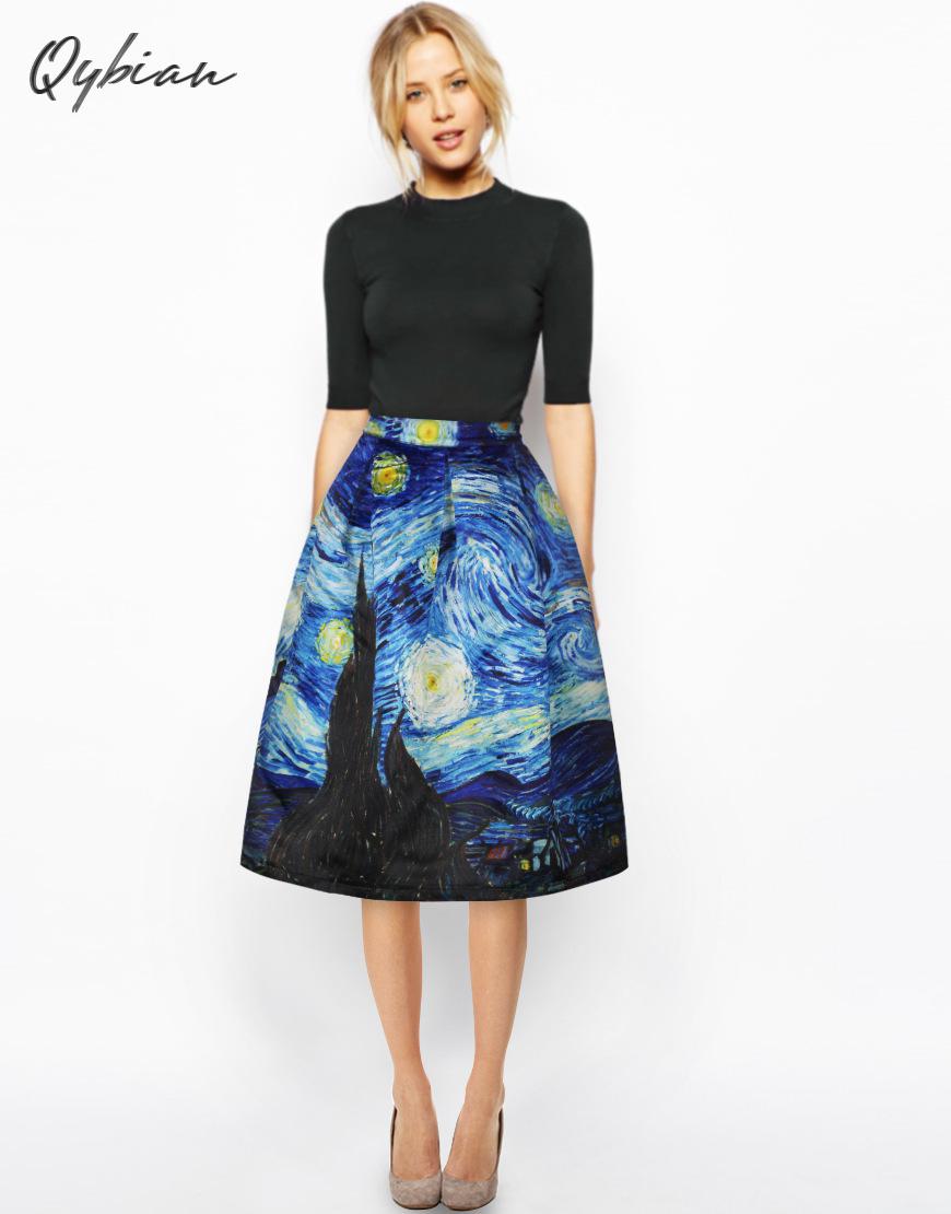 Qybian Faldas Vintage 2018 Van Gogh Print Ladies Skirts High waist Womens  Skirts