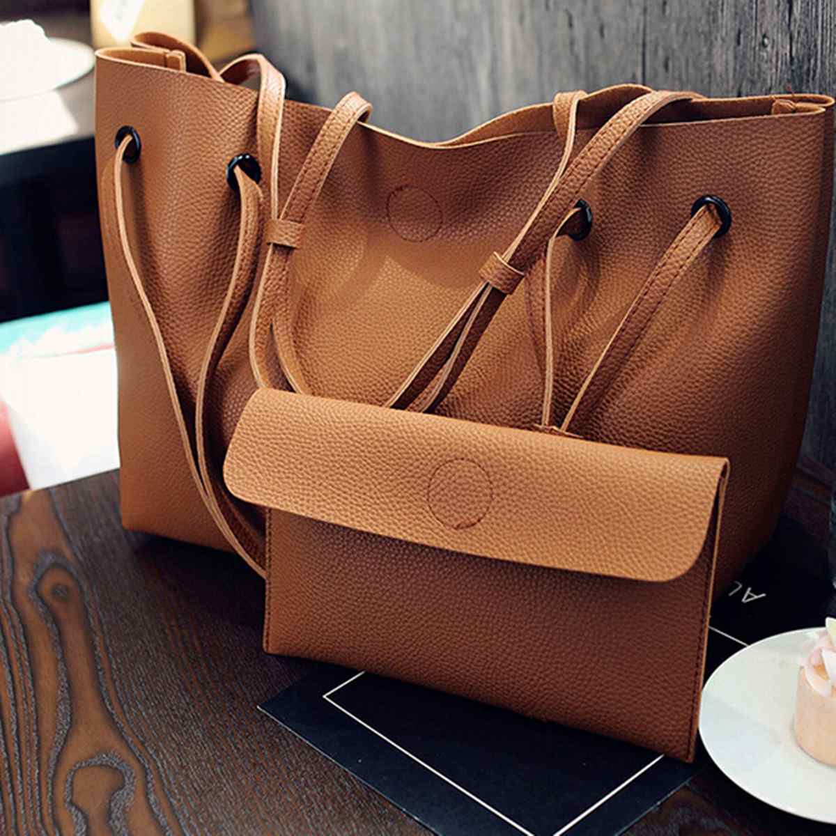 Female Hand Bag 2Pcs Fashion Women Luxury Handbag Large Tote Purse  Crossbody Satchel Pu Leather Shoulder Messenger Bag Brown