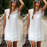 Fashion Women Summer Dress Lady Sleeveless Lace O-Neck Casual White A-Line Mini Dresses