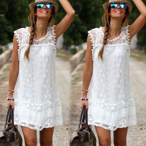 Fashion Women Summer Dress Lady Sleeveless Lace O-Neck Casual White A-Line Mini Dresses