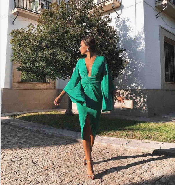 Fashion sexy green dress Hot new style Deep V dress Slim party dress temperament retro style