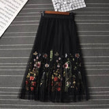 2019 New Puff Women Mesh Tulle long Skirt Fashion Vintage Pleated Floral Embroidery Elegant Female Tutu Mid-Calf Skirts