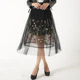 2019 New Puff Women Mesh Tulle long Skirt Fashion Vintage Pleated Floral Embroidery Elegant Female Tutu Mid-Calf Skirts