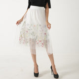 2019 New Puff Women Mesh Tulle long Skirt Fashion Vintage Pleated Floral Embroidery Elegant Female Tutu Mid-Calf Skirts