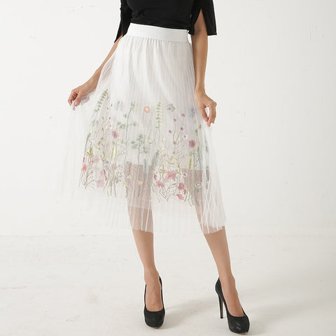 2019 New Puff Women Mesh Tulle long Skirt Fashion Vintage Pleated Floral Embroidery Elegant Female Tutu Mid-Calf Skirts